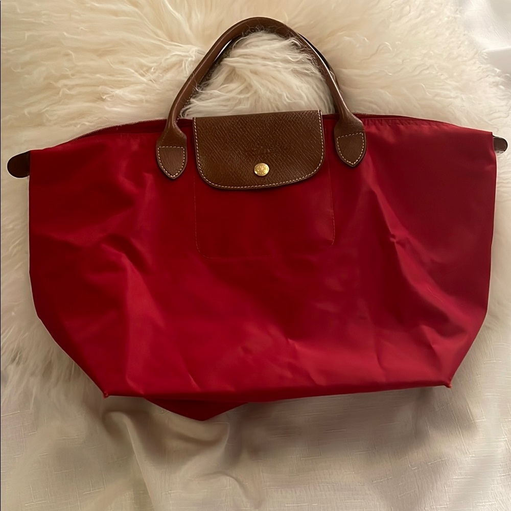 LONGCHAMP Red Tote Bag with Brown Accents